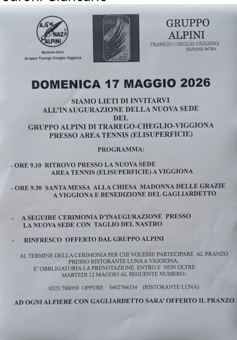 INAUGURAZIONE NUOVA SEDE GRUPPO ALPINI TRAREGO CHEGLIO VIGGIONA – DOMENICA 17 MAGGIO 2026